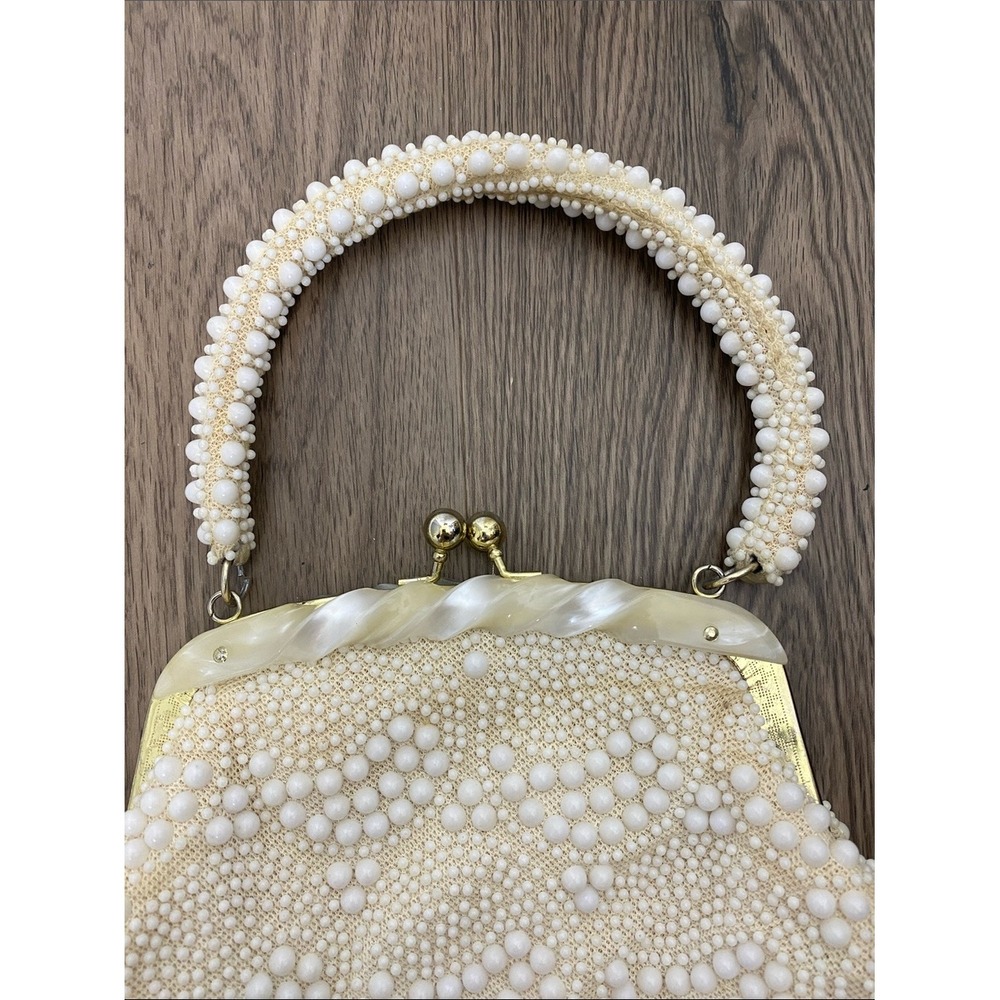 Vintage 1960s Ivory Beaded Bridal Evening Purse Likely Lucite Hong Kong - Picture 3 of 16